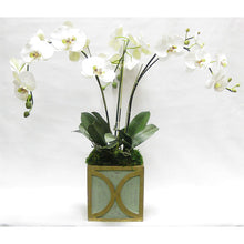 Load image into Gallery viewer, Wooden Square Container w/ Half Circle - Green w/ Antique Gold - White &amp; Green Orchid Artificial

