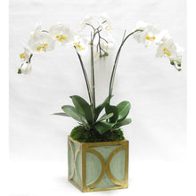 Load image into Gallery viewer, [WSPO-GG-ORYE] Wooden Square Container w/ Half Circle - Green w/ Antique Gold - White &amp; Yellow Orchid Artificial