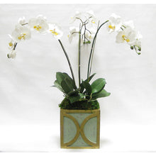 Load image into Gallery viewer, Wooden Square Container w/ Half Circle - Green w/ Antique Gold - White &amp; Yellow Orchid Artificial
