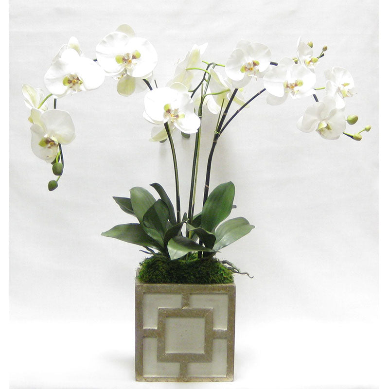Wooden Square Container w/ Square - Green w/ Antique Gold - White & Green Orchid Artificial