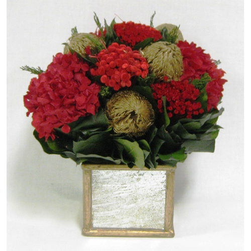 Wooden Square Container Gold Antique Mirror - Banksia Gold & Hydrangea Red