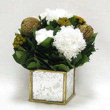 Load image into Gallery viewer, [WSPS-GAM-RBKGOHDW] Wooden Square Container Small - Gold Antique w/ Antique Mirror &amp; Medallion - Roses White, Banksia Gold, Brunia Gold &amp; Hydrangea White