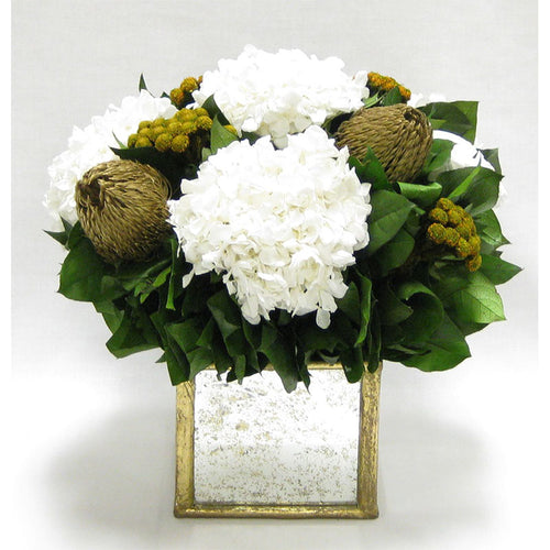 Wooden Square Container Small - Gold Antique w/ Antique Mirror & Medallion - Roses White, Banksia Gold, Brunia Gold & Hydrangea White