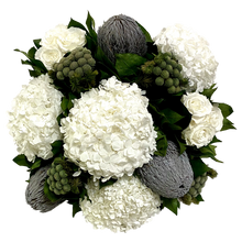 Load image into Gallery viewer, [WSPS-GS-RBKBRHDW] Wooden Square Container Antique Silver - Roses White, Banksia Grey, Brunia &amp; Hydrangea White
