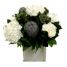 Load image into Gallery viewer, Wooden Square Container Antique Silver - Roses White, Banksia Grey, Brunia &amp; Hydrangea White