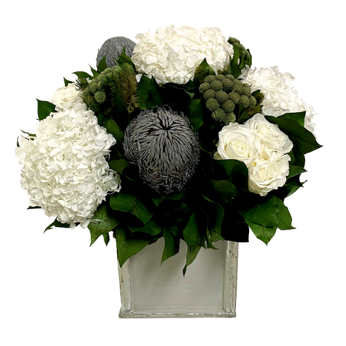 Wooden Square Container Antique Silver - Roses White, Banksia Grey, Brunia & Hydrangea White
