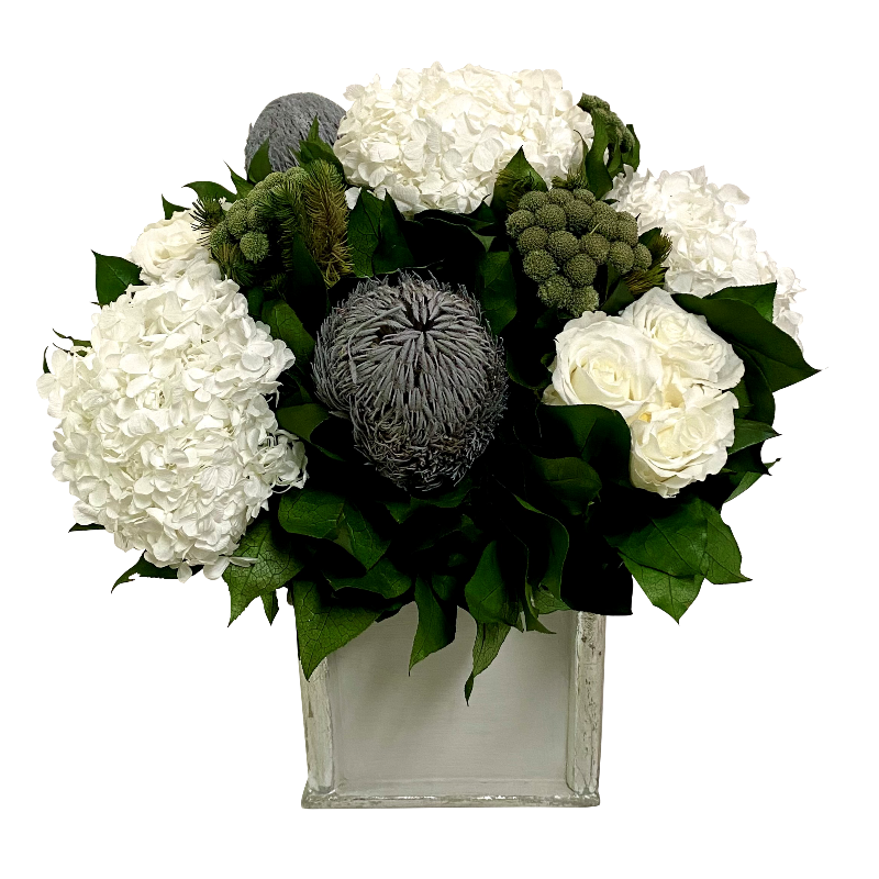 Wooden Square Container Antique Silver - Roses White, Banksia Grey, Brunia & Hydrangea White