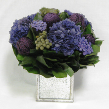 Load image into Gallery viewer, Wooden Square Container Silver Antique  Mirror - Banksia Purple, Brunia Natural &amp; Hydrangea Purple