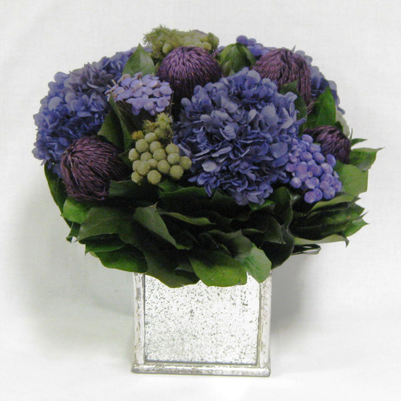 Wooden Square Container Silver Antique  Mirror - Banksia Purple, Brunia Natural & Hydrangea Purple