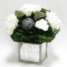 Load image into Gallery viewer, [WSPS-SAM-RBKSIHDW] Wooden Square Container Small - Silver Antique w/ Antique Mirror &amp; Medallion - Roses White, Banksia Silver, Brunia Natural &amp; Hydrangea White