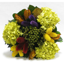 Load image into Gallery viewer, [WSRN-BA-MLP2] Wooden Short Round Black Container - Clover Flower Multicolor, Protea Yellow &amp; Hydrangea Basil
