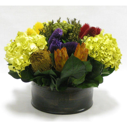 Wooden Short Round Black Container - Clover Flower Multicolor, Protea Yellow & Hydrangea Basil