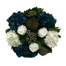 Load image into Gallery viewer, [WSRN-DS-RHDNBHDW] Wooden Short Round Container Dark Grey  w/ Silver - Roses White, Brunia Natural Brunia, Hydrangea Natural Blue &amp; White

