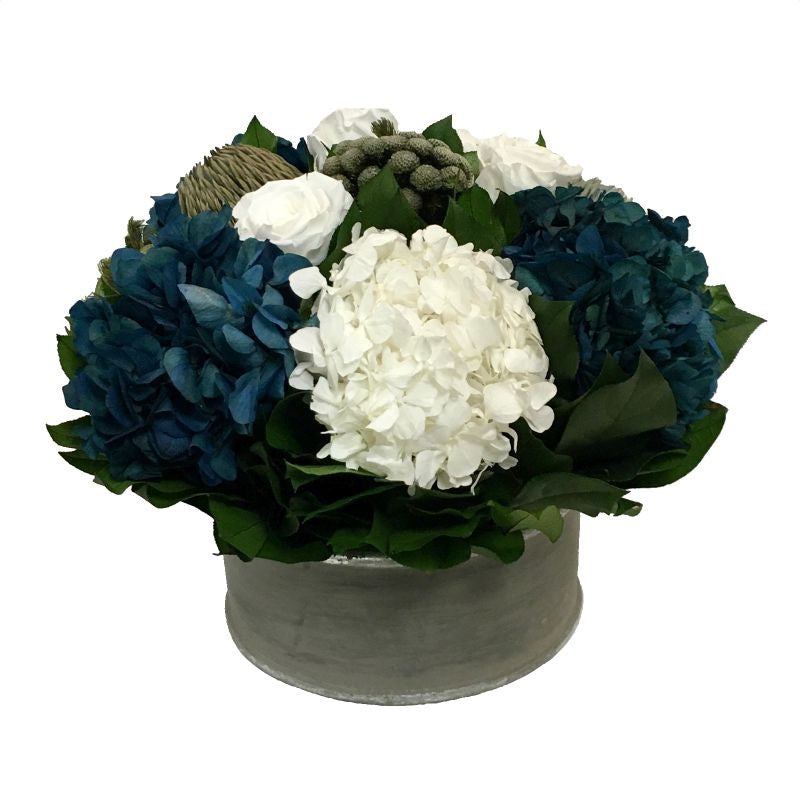 Wooden Short Round Container Dark Grey  w/ Silver - Roses White, Brunia Natural Brunia, Hydrangea Natural Blue & White