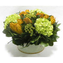Load image into Gallery viewer, Wooden Short Round Grey Green Container - Banksia Coccinea Basil, Protea Yellow &amp; Hydrangea Basil