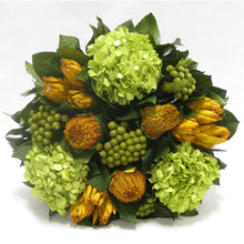 Load image into Gallery viewer, [WSRN-GG-BKCOCHDB] Wooden Short Round Grey Green Container - Banksia Coccinea Basil, Protea Yellow &amp; Hydrangea Basil