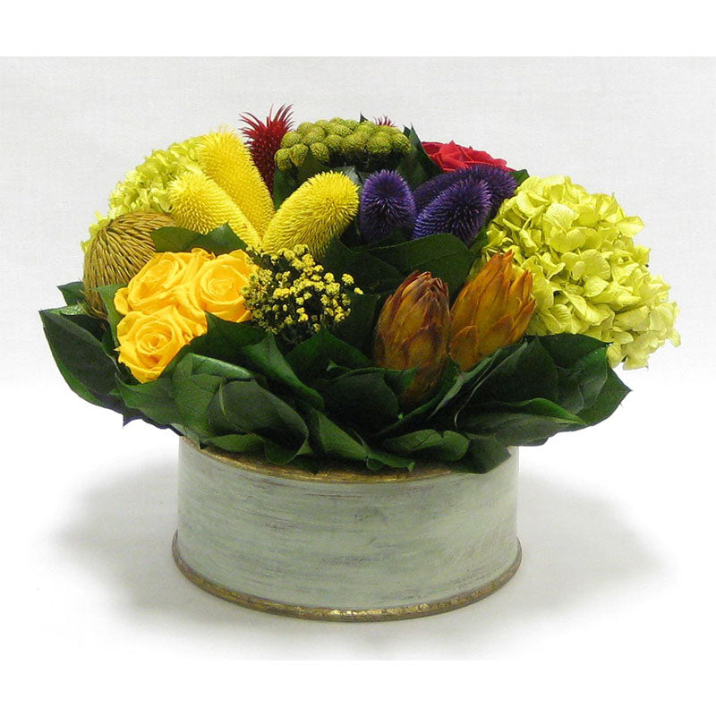 Wooden Short Round Grey Green Container - Multicolor w/ Clover, Roses, Banksia, Protea & Hydrangea Basil