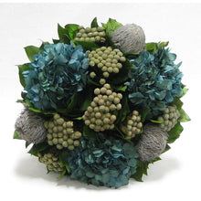 Load image into Gallery viewer, [WSRN-GS-BKBRHDNB] Wooden Short Round Container - Grey w/ Silver - Banksia Gray, Brunia Natural &amp; Hydrangea Natural Blue
