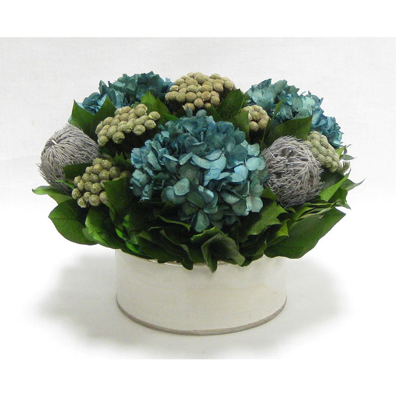 Wooden Short Round Container - Grey w/ Silver - Banksia Gray, Brunia Natural & Hydrangea Natural Blue