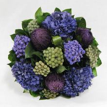 Load image into Gallery viewer, [WSRN-GS-BKHDPU] Wooden Short Round Container Antique Silver - Banksia Purple, Brunia Natural &amp; Hydrangea Purple

