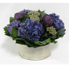 Load image into Gallery viewer, Wooden Short Round Container Antique Silver - Banksia Purple, Brunia Natural &amp; Hydrangea Purple