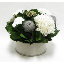 Load image into Gallery viewer, Wooden Short Round Grey Silver Container - Roses White, Banksia Lt. Grey, Brunia Natural &amp; Hydrangea White