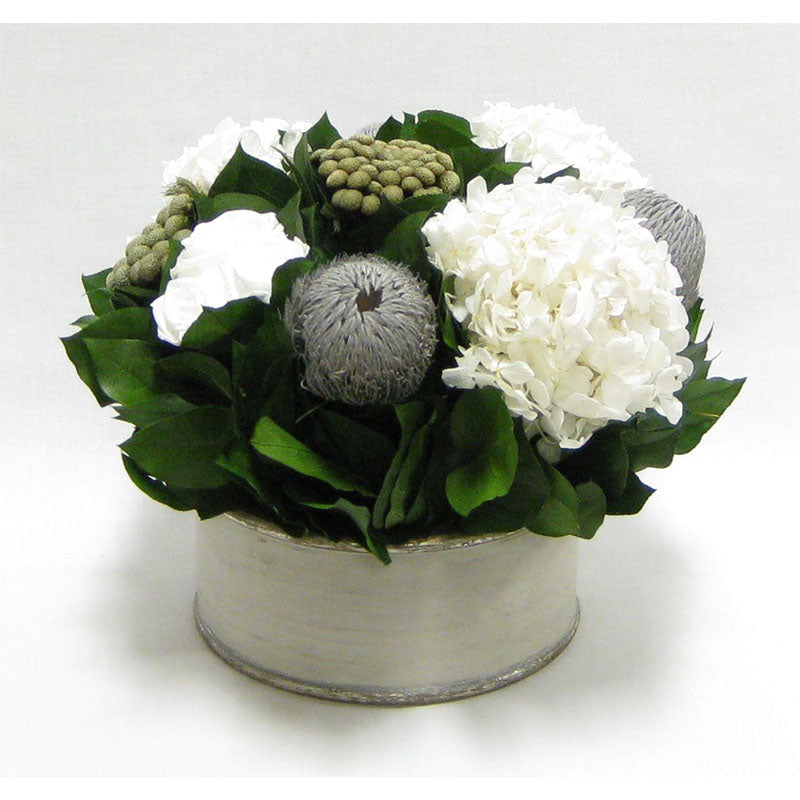 Wooden Short Round Grey Silver Container - Roses White, Banksia Lt. Grey, Brunia Natural & Hydrangea White