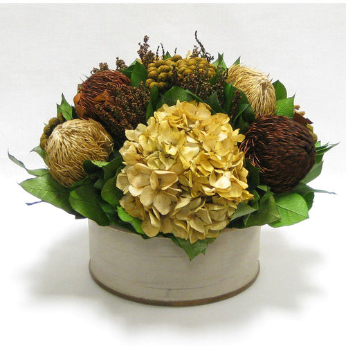 Wooden Short Round Container Patina Distressed w/Bronze - Multi Brown and Hydrangea Ivory