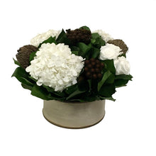 Load image into Gallery viewer, Wooden Short Round Container Patina Distressed w/Bronze - Roses White, Banksia Bronze, Brunia Brown &amp; Hydrangea White
