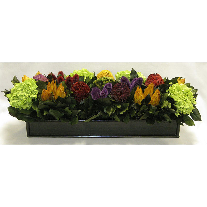 Wooden Rect. Container Antique Black - Banksia Red, Purple, Yellow, Teasil Burgundy, Purple & Hydrangea Basil