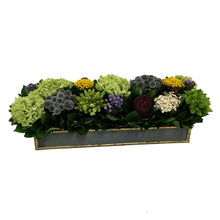Load image into Gallery viewer, [WSRP-DG-ECHDB] Wooden Short Rect Container Dark Blue Grey w/ Gold - Echinops w/Banksia, Brunia, Pharalis &amp; Hydrangea Basil
