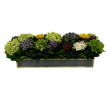Load image into Gallery viewer, Wooden Short Rect Container Dark Blue Grey w/ Gold - Echinops w/Banksia, Brunia, Pharalis &amp; Hydrangea Basil