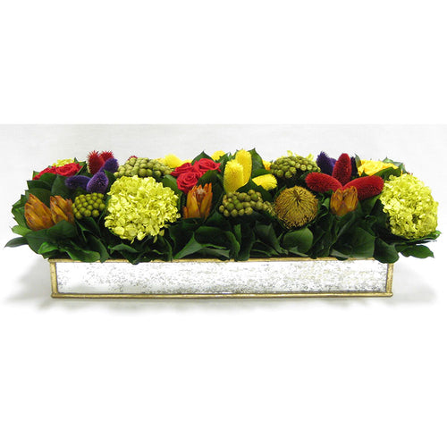 Wooden Short Rect Gold w/ Antique Mirror Container - Multicolor w/ Clover, Roses, Banksia, Protea & Hydrangea Basil