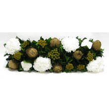 Load image into Gallery viewer, [WSRP-GAM-RBKGOHDW] Wooden Short Rect Gold w/ Antique Mirror Container - Roses White, Banksia Gold, Brunia Gold &amp; Hydrangea White