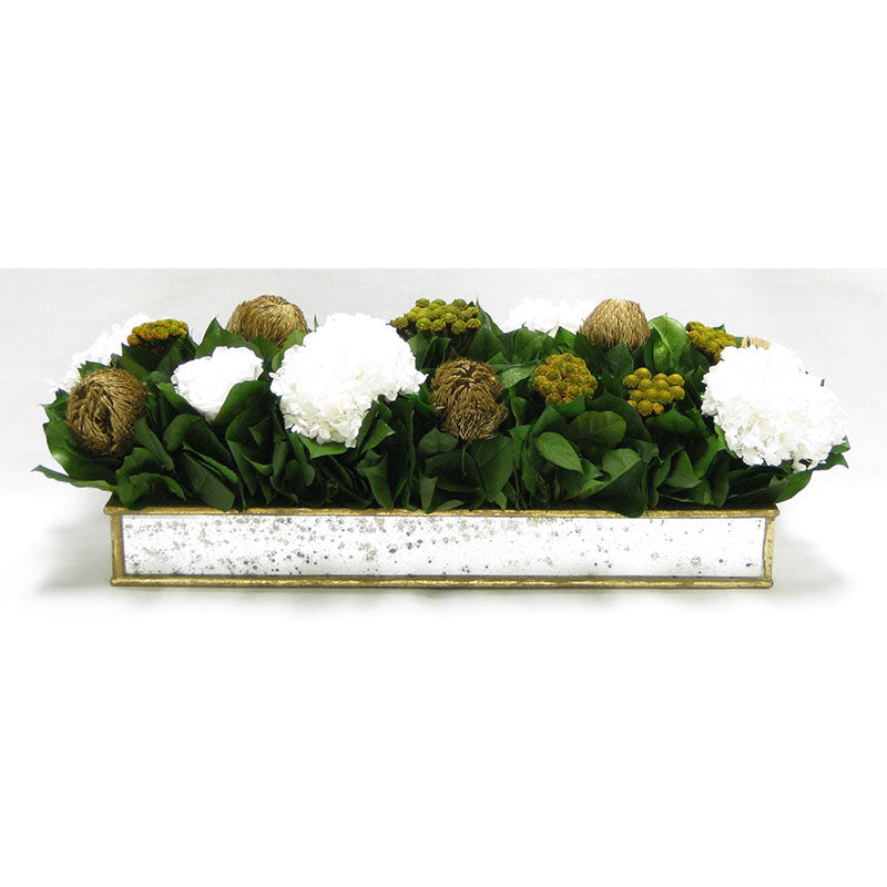 Wooden Short Rect Gold w/ Antique Mirror Container - Roses White, Banksia Gold, Brunia Gold & Hydrangea White