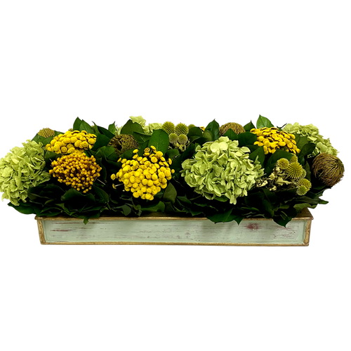 Wooden Rect. Container Grey Green - Echinops, Buttons Chartreuse & Hydrangea Yellow Basil