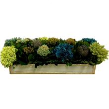 Load image into Gallery viewer, Wooden Rect. Container Grey Green - Banksia, Pharalis, Hydrangea Basil &amp; Natural Blue
