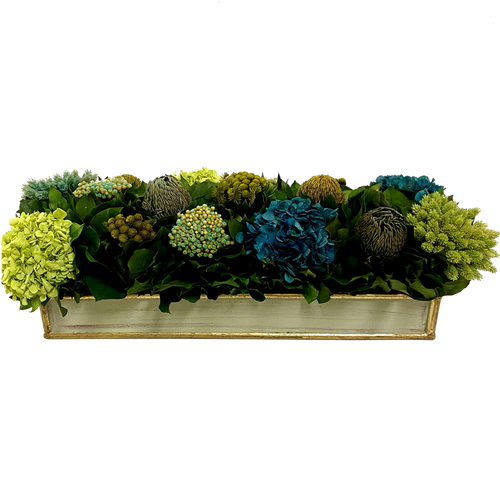 Wooden Rect. Container Grey Green - Banksia, Pharalis, Hydrangea Basil & Natural Blue