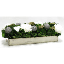 Load image into Gallery viewer, [WSRP-GS-RBKBRHDW] Wooden Rect. Container Antique Silver- Roses White, Banksia Lt Grey, Brunia Nat &amp; Hydrangea White