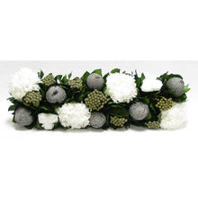 Load image into Gallery viewer, [WSRP-GS-RBKBRHDW] Wooden Rect. Container Antique Silver- Roses White, Banksia Lt Grey, Brunia Nat &amp; Hydrangea White

