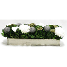 Load image into Gallery viewer, Wooden Rect. Container Antique Silver- Roses White, Banksia Lt Grey, Brunia Nat &amp; Hydrangea White