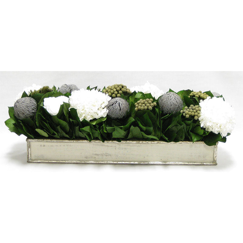 Wooden Rect. Container Antique Silver- Roses White, Banksia Lt Grey, Brunia Nat & Hydrangea White