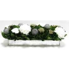 Load image into Gallery viewer, Wooden Short Rect Silver w/ Antique Mirror Container - Roses White, Banksia Silver, Brunia Natural &amp; Hydrangea White