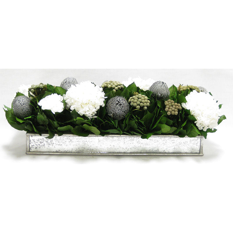 Wooden Short Rect Silver w/ Antique Mirror Container - Roses White, Banksia Silver, Brunia Natural & Hydrangea White