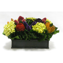 Load image into Gallery viewer, Wooden Short Rect.Container Antique Black - Banksia Red, Purple, Yellow, Teasil Burgundy, Purple &amp; Hydrangea Basil

