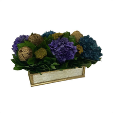 Load image into Gallery viewer, [WSRPS-GAM-BKGHDPUNB] Wooden Short Rect Container Small Gold Antique w/ Antique Mirror - Banksia Gold, Hydrangea Purple &amp; Natural Blue
