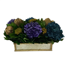Load image into Gallery viewer, Wooden Short Rect Container Small Gold Antique w/ Antique Mirror - Banksia Gold, Hydrangea Purple &amp; Natural Blue
