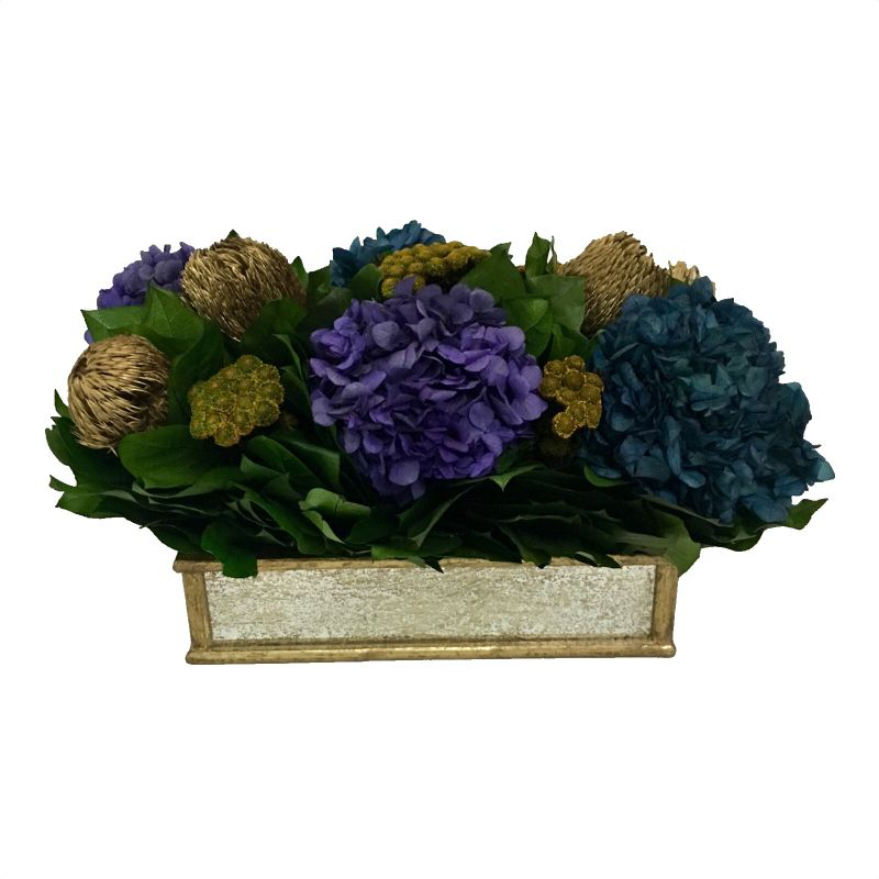 Wooden Short Rect Container Small Gold Antique w/ Antique Mirror - Banksia Gold, Hydrangea Purple & Natural Blue