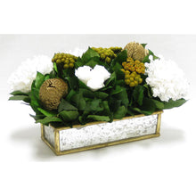 Load image into Gallery viewer, [WSRPS-GAM-RBKGOHDW] Wooden Short Rect Gold Small w/ Antique Mirror Container - Roses White, Banksia Gold, Brunia Gold &amp; Hydrangea White