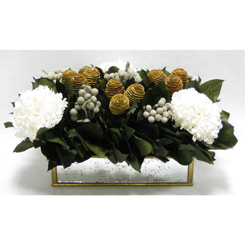 Wooden Short Rect Gold Small w/ Antique Mirror Container - Spiral Cone Natural, Brunia Spray & Hydrangea White